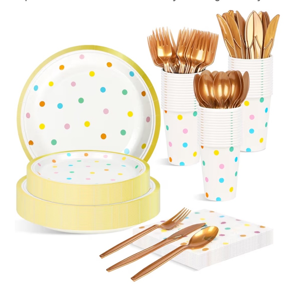 NEW IN BOX, Disposable Polka-Dot Party Tableware, 175 pieces (25 Guests)